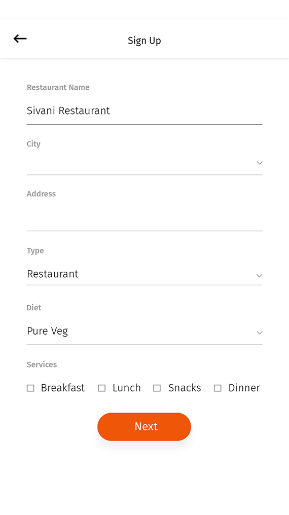 Restaurant management app screen