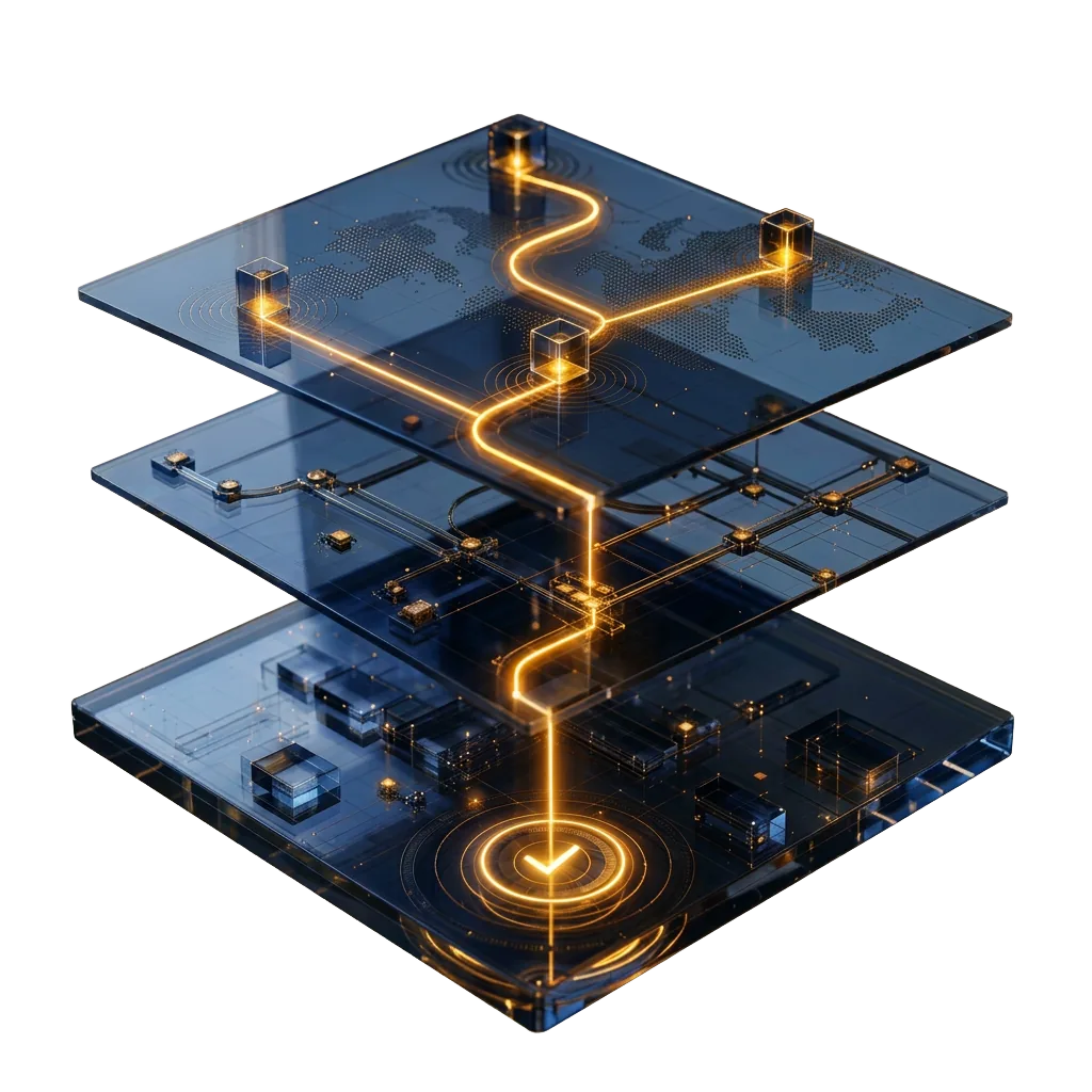 Luminous transfer route connecting payment nodes across transparent layers to a confirmation point