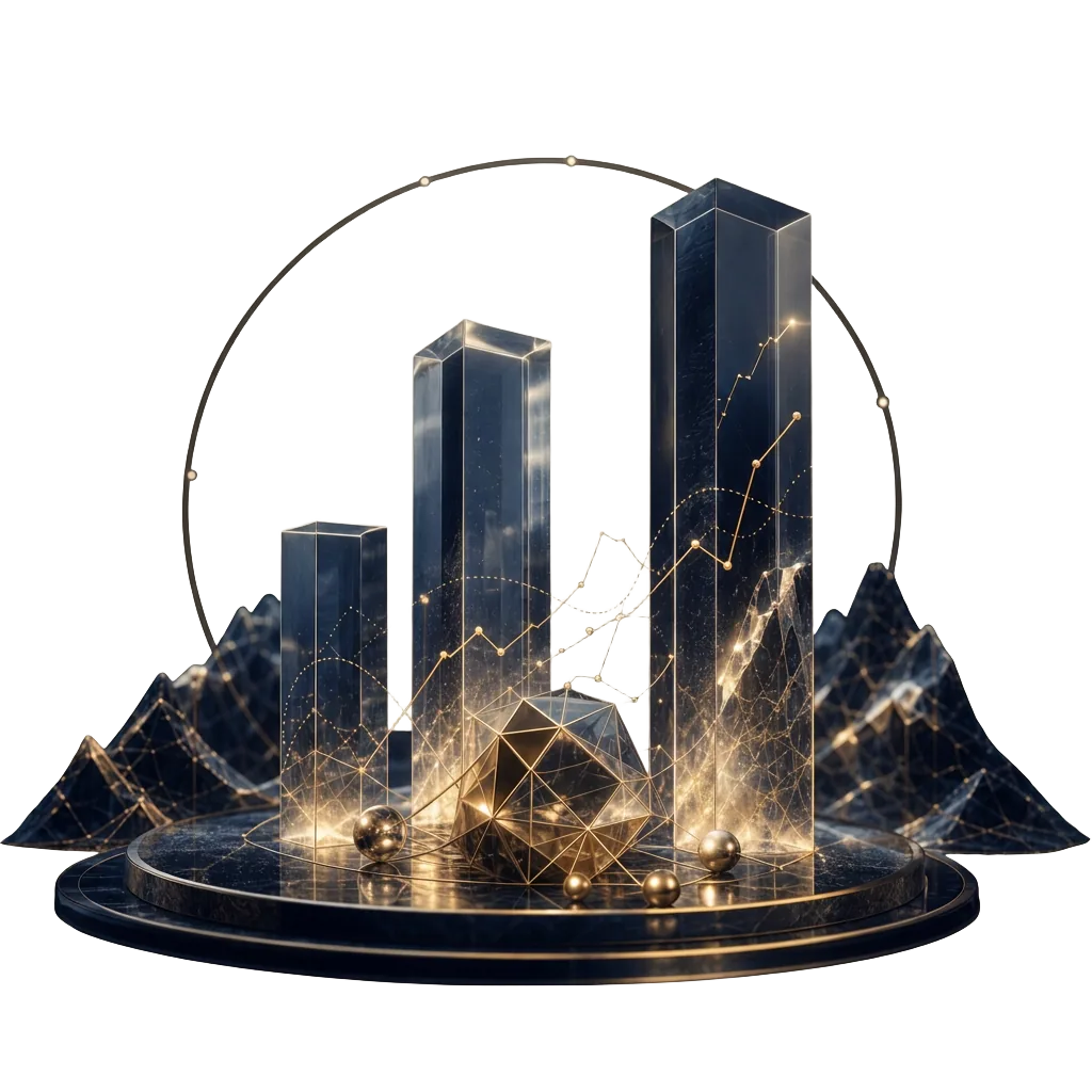 Translucent ascending portfolio pillars surrounded by market paths and a balanced asset constellation