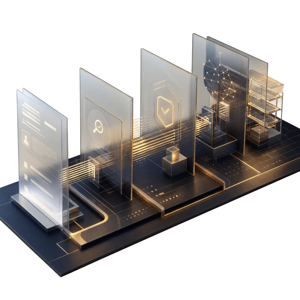 Application dossier moving through transparent verification, decision and servicing layers